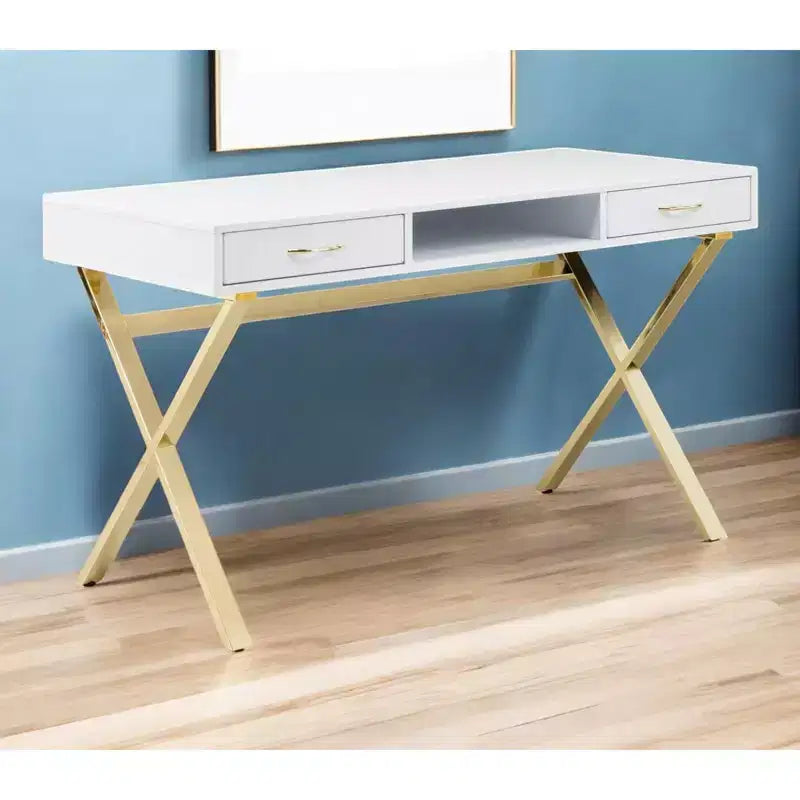 HomeRoots 47 Bureau d'ordinateur blanc et doré en bois et métal avec deux tiroirs