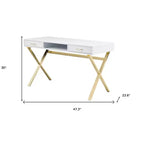 HomeRoots 47 Bureau d'ordinateur blanc et doré en bois et métal avec deux tiroirs