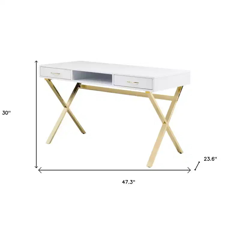 HomeRoots 47 Bureau d'ordinateur blanc et doré en bois et métal avec deux tiroirs