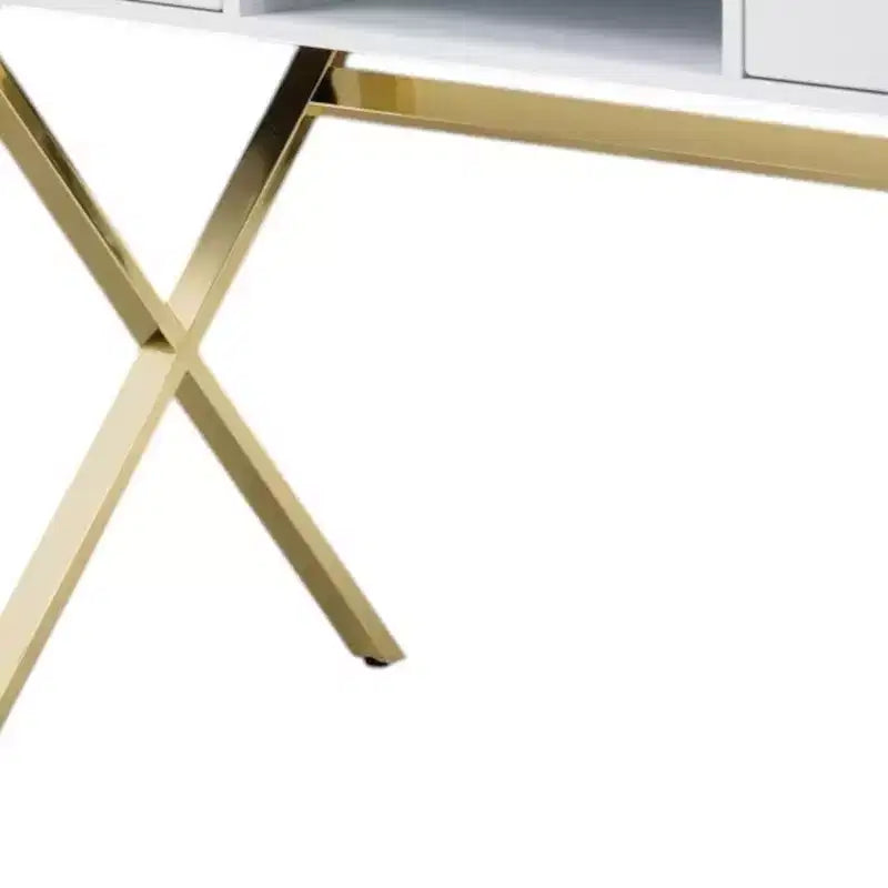 HomeRoots 47 Bureau d'ordinateur blanc et doré en bois et métal avec deux tiroirs