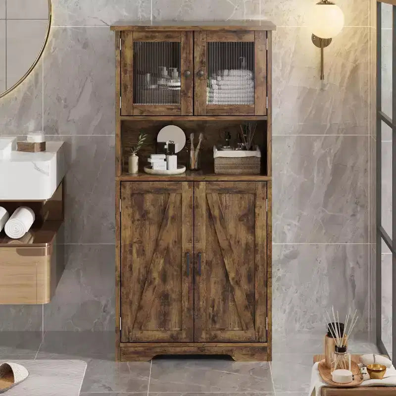 Acekool Meuble de salle de bain de ferme 54 avec portes vitrées, étagères réglables et garde-manger de rangement autoportant pour cuisine, salon et salle à manger