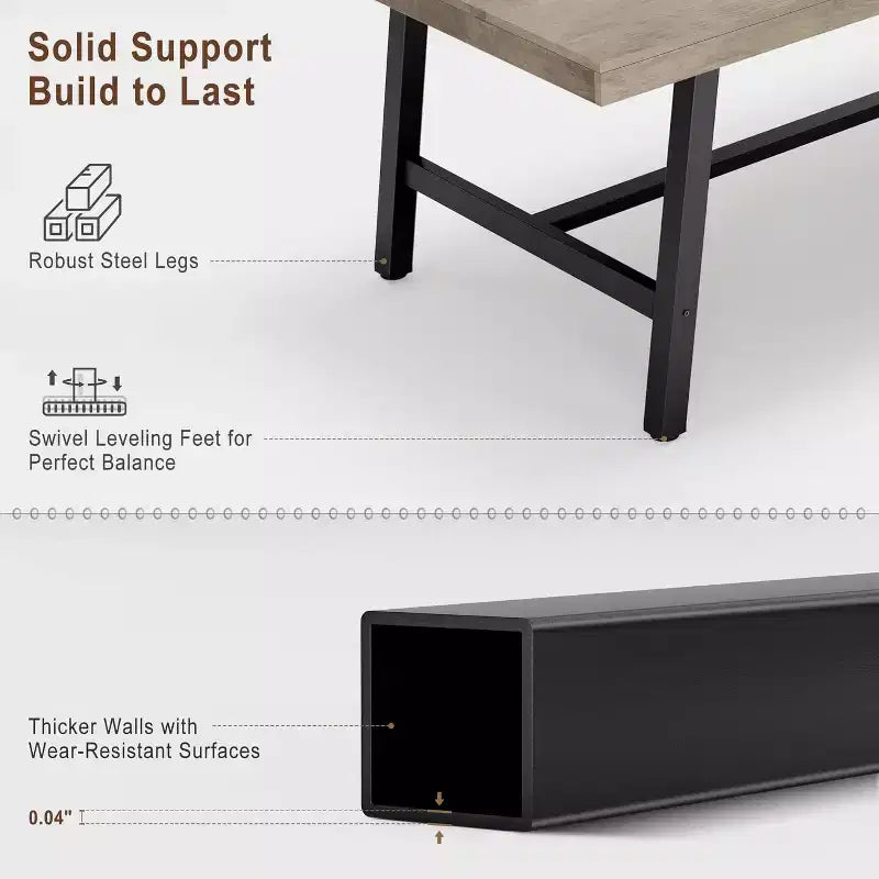 Table de salle à manger rustique en bois pour 6-8 personnes avec pieds robustes en métal noir, design industriel rectangulaire, parfaite pour la cuisine, la salle à manger, le salon