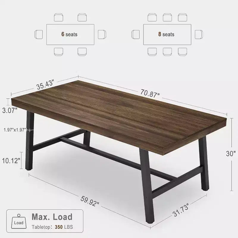 Table de salle à manger rustique en bois pour 6-8 personnes avec pieds robustes en métal noir, design industriel rectangulaire, parfaite pour la cuisine, la salle à manger, le salon