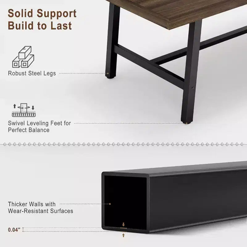 Table de salle à manger rustique en bois pour 6-8 personnes avec pieds robustes en métal noir, design industriel rectangulaire, parfaite pour la cuisine, la salle à manger, le salon