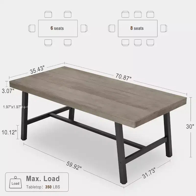 Table de salle à manger rustique en bois pour 6-8 personnes avec pieds robustes en métal noir, design industriel rectangulaire, parfaite pour la cuisine, la salle à manger, le salon