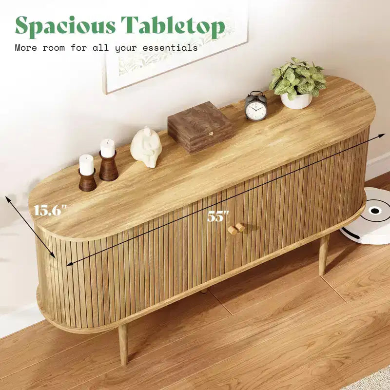 Meuble TV AMERLIFE 55, Console Moderne Mid-Century avec Porte Coulissante, Pieds en Bois Massif