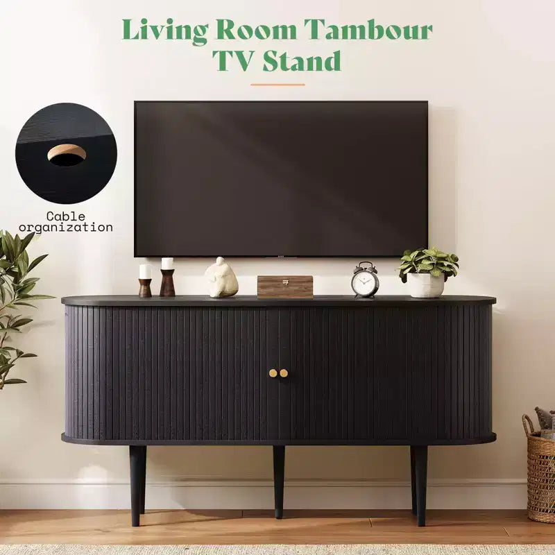 Meuble TV AMERLIFE 55, Console Moderne Mid-Century avec Porte Coulissante, Pieds en Bois Massif