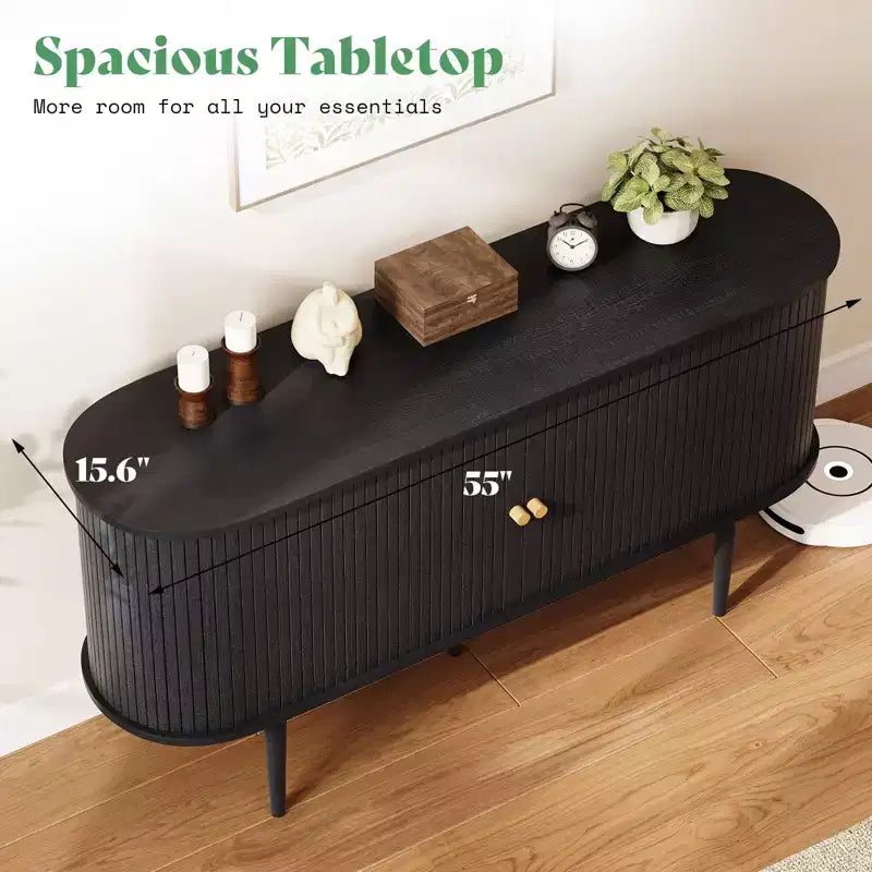 Meuble TV AMERLIFE 55, Console Moderne Mid-Century avec Porte Coulissante, Pieds en Bois Massif
