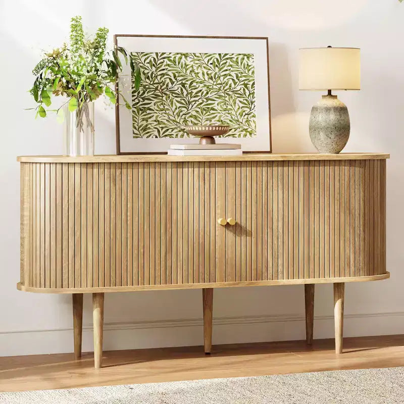 Meuble TV AMERLIFE 55, Console Moderne Mid-Century avec Porte Coulissante, Pieds en Bois Massif
