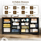 Meuble TV extra-large de 160 cm avec 14 tiroirs en tissu et prises/ports USB intégrés, meuble multimédia pour téléviseurs de 65 à 75 pouces, organisateur de rangement pour chambre à coucher