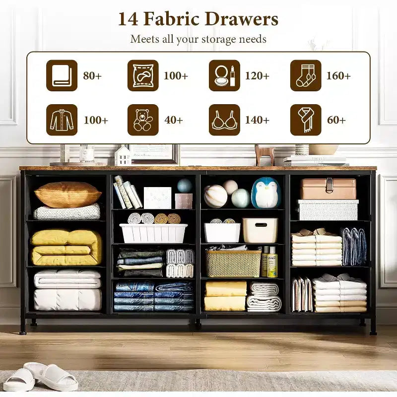 Meuble TV extra-large de 160 cm avec 14 tiroirs en tissu et prises/ports USB intégrés, meuble multimédia pour téléviseurs de 65 à 75 pouces, organisateur de rangement pour chambre à coucher