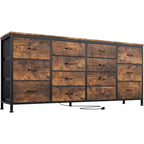 Meuble TV extra-large de 160 cm avec 14 tiroirs en tissu et prises/ports USB intégrés, meuble multimédia pour téléviseurs de 65 à 75 pouces, organisateur de rangement pour chambre à coucher