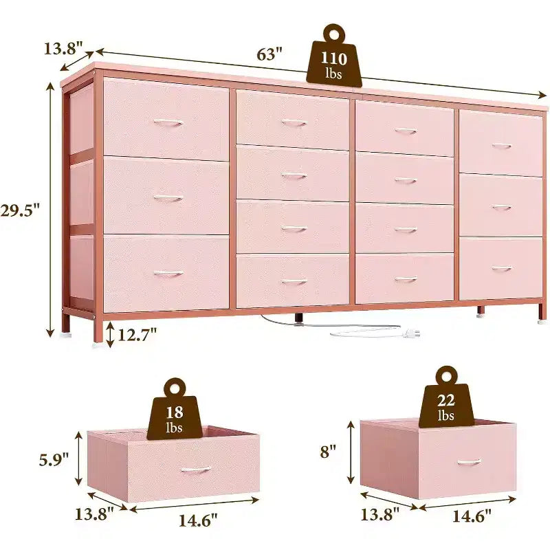 Meuble TV extra-large de 160 cm avec 14 tiroirs en tissu et prises/ports USB intégrés, meuble multimédia pour téléviseurs de 65 à 75 pouces, organisateur de rangement pour chambre à coucher