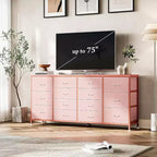Meuble TV extra-large de 160 cm avec 14 tiroirs en tissu et prises/ports USB intégrés, meuble multimédia pour téléviseurs de 65 à 75 pouces, organisateur de rangement pour chambre à coucher