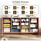Meuble TV extra-large de 160 cm avec 14 tiroirs en tissu et prises/ports USB intégrés, meuble multimédia pour téléviseurs de 65 à 75 pouces, organisateur de rangement pour chambre à coucher