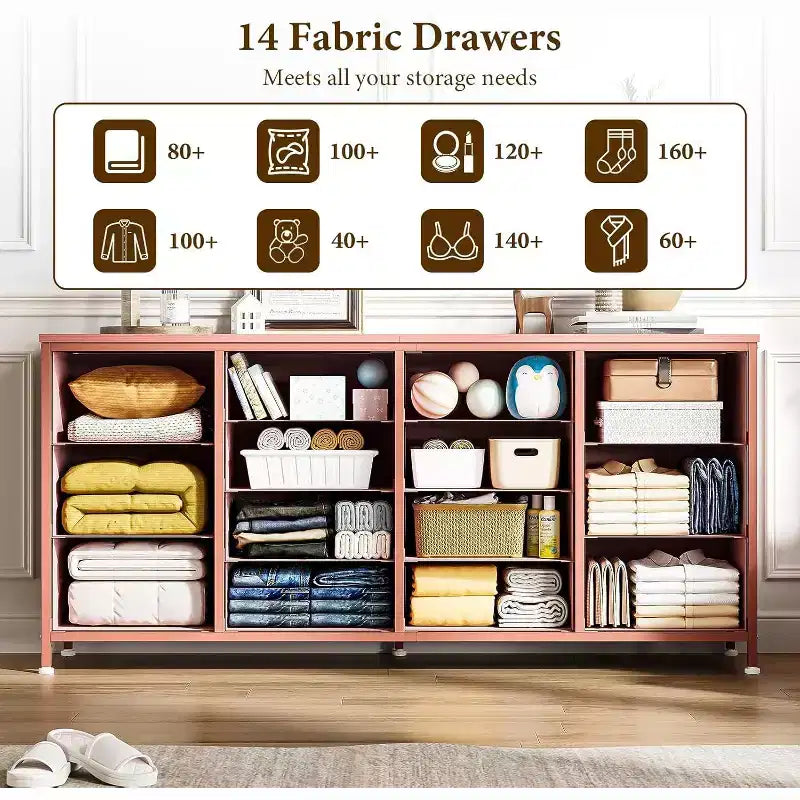 Meuble TV extra-large de 160 cm avec 14 tiroirs en tissu et prises/ports USB intégrés, meuble multimédia pour téléviseurs de 65 à 75 pouces, organisateur de rangement pour chambre à coucher