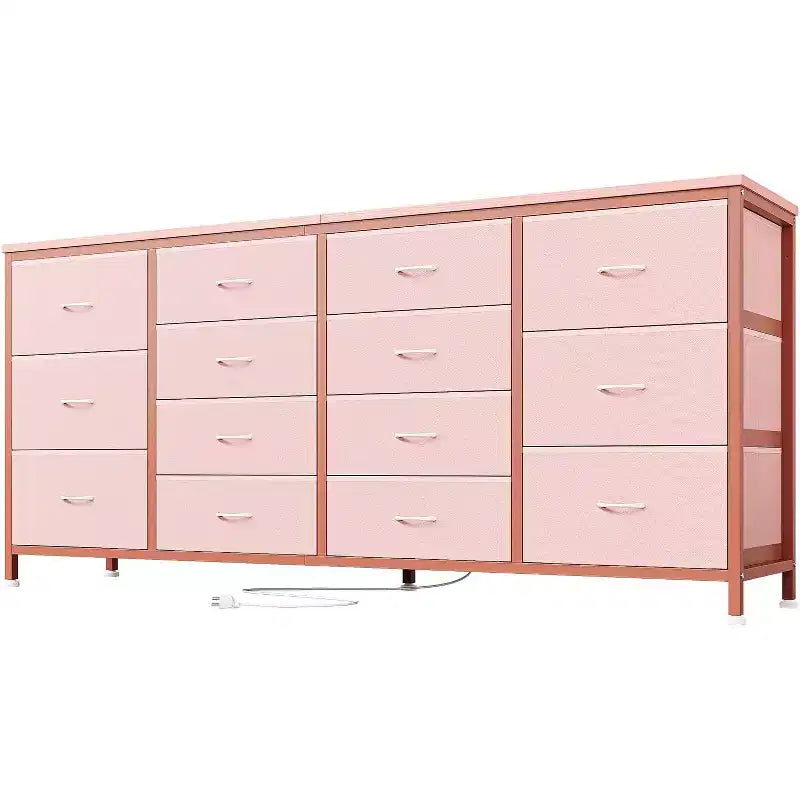 Meuble TV extra-large de 160 cm avec 14 tiroirs en tissu et prises/ports USB intégrés, meuble multimédia pour téléviseurs de 65 à 75 pouces, organisateur de rangement pour chambre à coucher