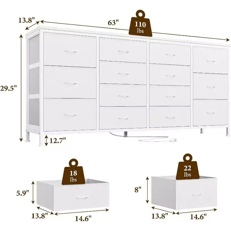 Meuble TV extra-large de 160 cm avec 14 tiroirs en tissu et prises/ports USB intégrés, meuble multimédia pour téléviseurs de 65 à 75 pouces, organisateur de rangement pour chambre à coucher