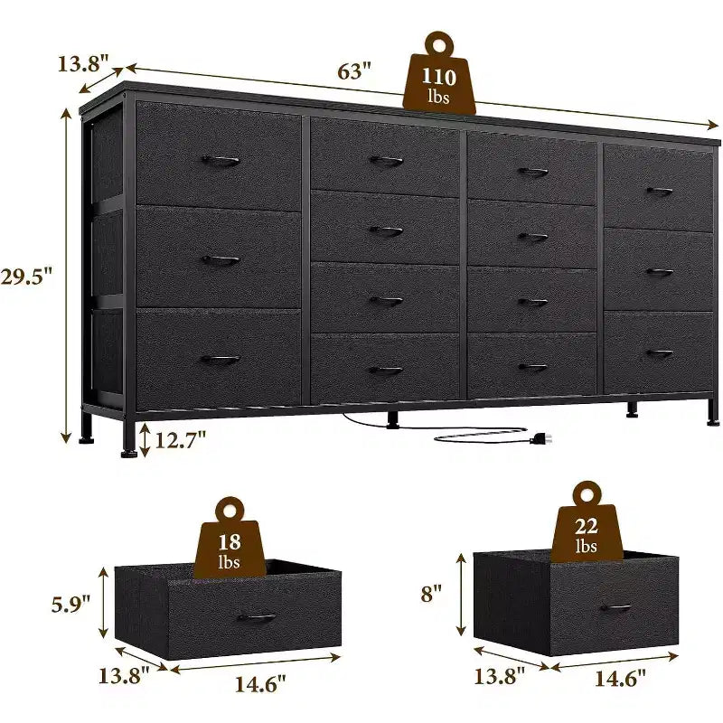 Meuble TV extra-large de 160 cm avec 14 tiroirs en tissu et prises/ports USB intégrés, meuble multimédia pour téléviseurs de 65 à 75 pouces, organisateur de rangement pour chambre à coucher