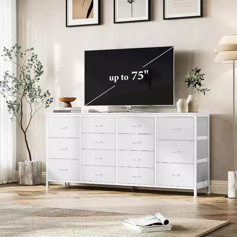 Meuble TV extra-large de 160 cm avec 14 tiroirs en tissu et prises/ports USB intégrés, meuble multimédia pour téléviseurs de 65 à 75 pouces, organisateur de rangement pour chambre à coucher