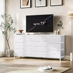 Meuble TV extra-large de 160 cm avec 14 tiroirs en tissu et prises/ports USB intégrés, meuble multimédia pour téléviseurs de 65 à 75 pouces, organisateur de rangement pour chambre à coucher