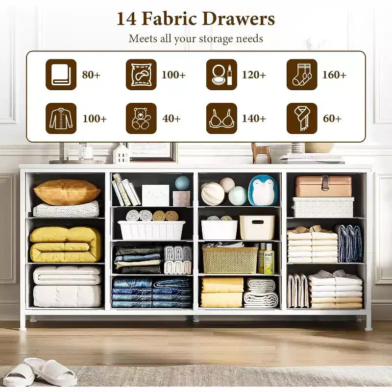 Meuble TV extra-large de 160 cm avec 14 tiroirs en tissu et prises/ports USB intégrés, meuble multimédia pour téléviseurs de 65 à 75 pouces, organisateur de rangement pour chambre à coucher