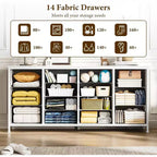 Meuble TV extra-large de 160 cm avec 14 tiroirs en tissu et prises/ports USB intégrés, meuble multimédia pour téléviseurs de 65 à 75 pouces, organisateur de rangement pour chambre à coucher
