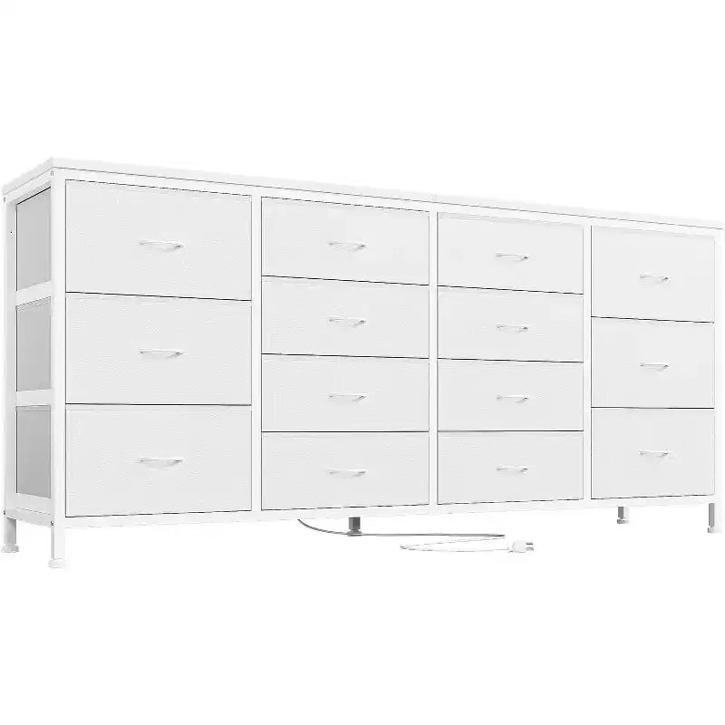 Meuble TV extra-large de 160 cm avec 14 tiroirs en tissu et prises/ports USB intégrés, meuble multimédia pour téléviseurs de 65 à 75 pouces, organisateur de rangement pour chambre à coucher
