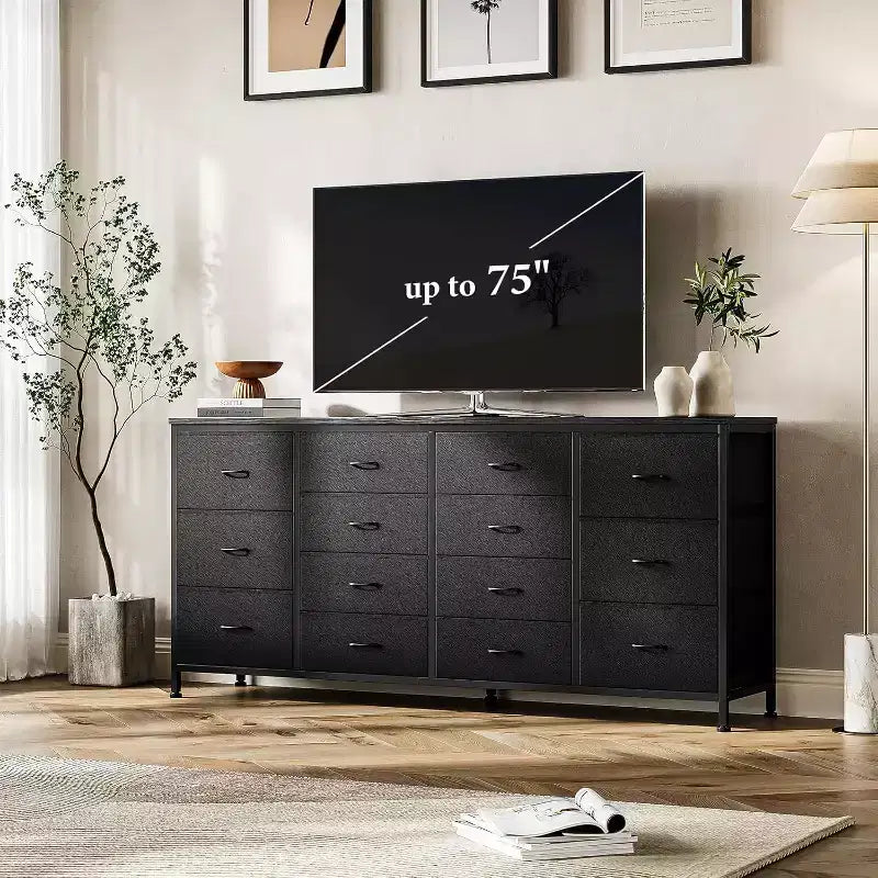 Meuble TV extra-large de 160 cm avec 14 tiroirs en tissu et prises/ports USB intégrés, meuble multimédia pour téléviseurs de 65 à 75 pouces, organisateur de rangement pour chambre à coucher