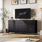 Meuble TV extra-large de 160 cm avec 14 tiroirs en tissu et prises/ports USB intégrés, meuble multimédia pour téléviseurs de 65 à 75 pouces, organisateur de rangement pour chambre à coucher