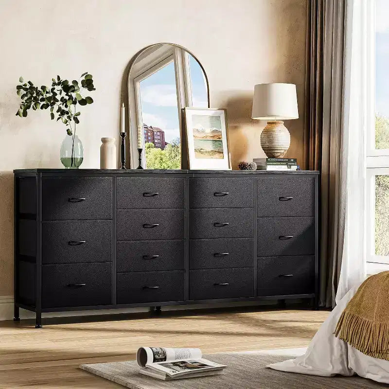Meuble TV extra-large de 160 cm avec 14 tiroirs en tissu et prises/ports USB intégrés, meuble multimédia pour téléviseurs de 65 à 75 pouces, organisateur de rangement pour chambre à coucher