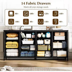 Meuble TV extra-large de 160 cm avec 14 tiroirs en tissu et prises/ports USB intégrés, meuble multimédia pour téléviseurs de 65 à 75 pouces, organisateur de rangement pour chambre à coucher