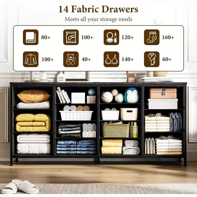Meuble TV extra-large de 160 cm avec 14 tiroirs en tissu et prises/ports USB intégrés, meuble multimédia pour téléviseurs de 65 à 75 pouces, organisateur de rangement pour chambre à coucher
