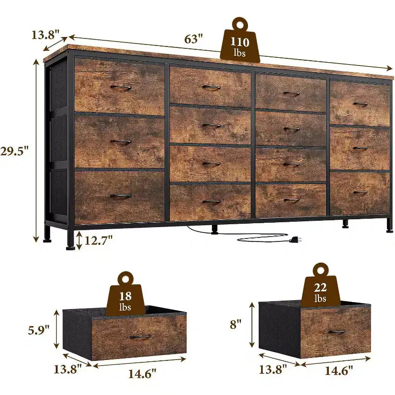 Meuble TV extra-large de 160 cm avec 14 tiroirs en tissu et prises/ports USB intégrés, meuble multimédia pour téléviseurs de 65 à 75 pouces, organisateur de rangement pour chambre à coucher
