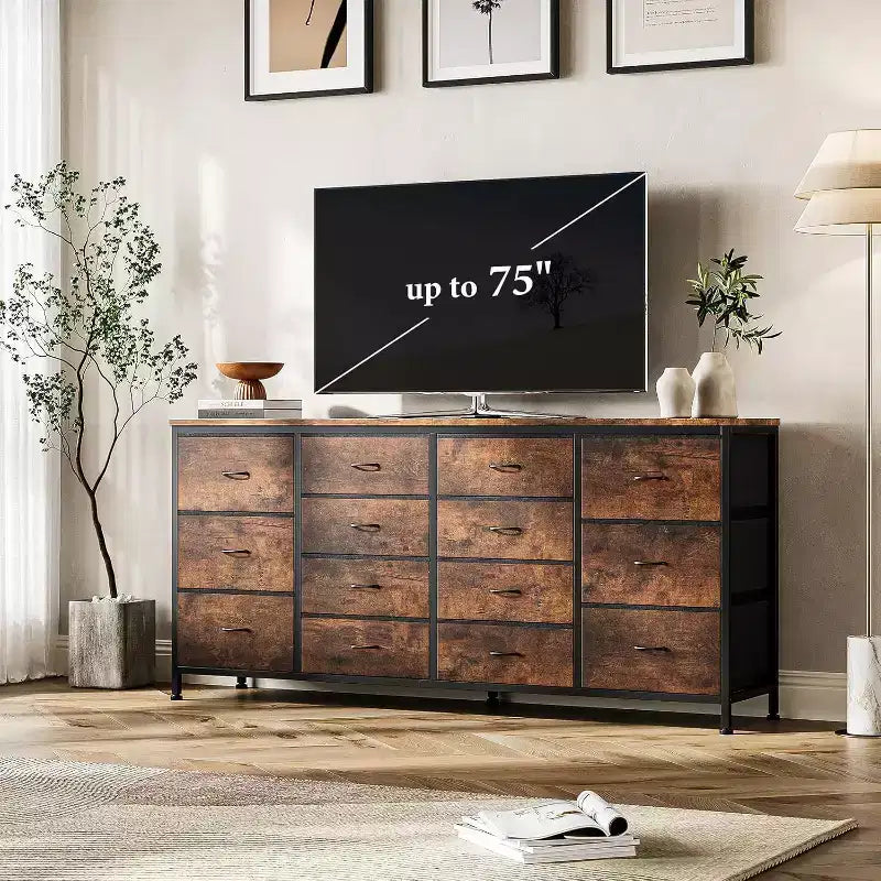 Meuble TV extra-large de 160 cm avec 14 tiroirs en tissu et prises/ports USB intégrés, meuble multimédia pour téléviseurs de 65 à 75 pouces, organisateur de rangement pour chambre à coucher