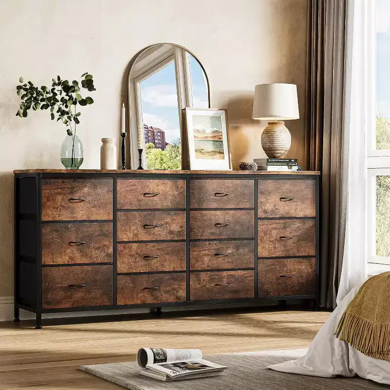 Meuble TV extra-large de 160 cm avec 14 tiroirs en tissu et prises/ports USB intégrés, meuble multimédia pour téléviseurs de 65 à 75 pouces, organisateur de rangement pour chambre à coucher