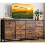 Meuble TV extra-large de 160 cm avec 14 tiroirs en tissu et prises/ports USB intégrés, meuble multimédia pour téléviseurs de 65 à 75 pouces, organisateur de rangement pour chambre à coucher