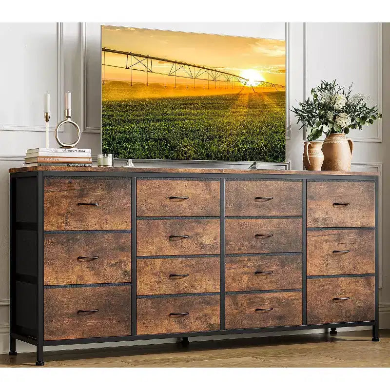 Meuble TV extra-large de 160 cm avec 14 tiroirs en tissu et prises/ports USB intégrés, meuble multimédia pour téléviseurs de 65 à 75 pouces, organisateur de rangement pour chambre à coucher