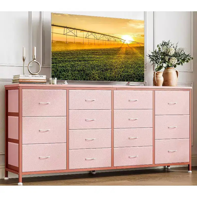Meuble TV extra-large de 160 cm avec 14 tiroirs en tissu et prises/ports USB intégrés, meuble multimédia pour téléviseurs de 65 à 75 pouces, organisateur de rangement pour chambre à coucher