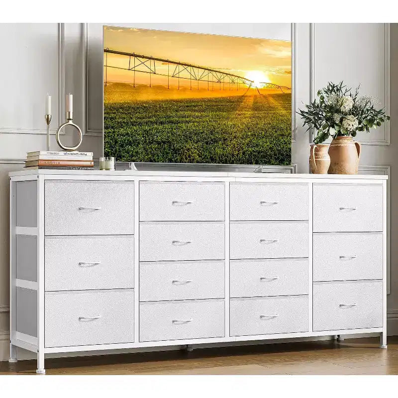 Meuble TV extra-large de 160 cm avec 14 tiroirs en tissu et prises/ports USB intégrés, meuble multimédia pour téléviseurs de 65 à 75 pouces, organisateur de rangement pour chambre à coucher