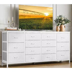 Meuble TV extra-large de 160 cm avec 14 tiroirs en tissu et prises/ports USB intégrés, meuble multimédia pour téléviseurs de 65 à 75 pouces, organisateur de rangement pour chambre à coucher
