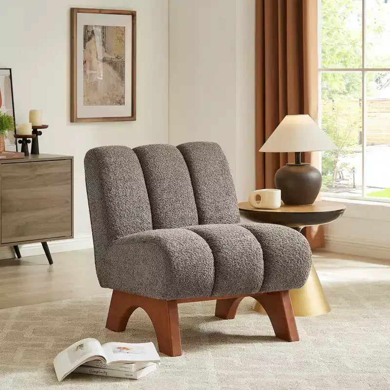 Chaise d'appoint sans accoudoirs Art Leon en tissu polaire avec pieds en bois d'hévéa