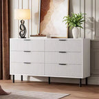 Commode 6 tiroirs cannelée blanche GustoWave, commode double large en bois avec pieds et poignées en métal, commode moderne avec dispositif anti-basculement