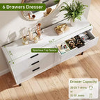 Commode 6 tiroirs cannelée blanche GustoWave, commode double large en bois avec pieds et poignées en métal, commode moderne avec dispositif anti-basculement