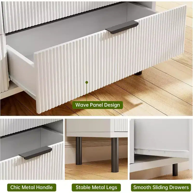 Commode 6 tiroirs cannelée blanche GustoWave, commode double large en bois avec pieds et poignées en métal, commode moderne avec dispositif anti-basculement