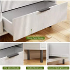 Commode 6 tiroirs cannelée blanche GustoWave, commode double large en bois avec pieds et poignées en métal, commode moderne avec dispositif anti-basculement