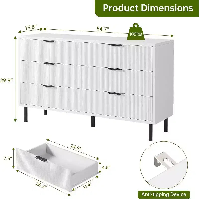 Commode 6 tiroirs cannelée blanche GustoWave, commode double large en bois avec pieds et poignées en métal, commode moderne avec dispositif anti-basculement