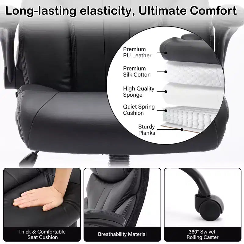 Fauteuil de bureau de direction à dossier haut - Capacité de 227 kg Fauteuil pivotant ergonomique en cuir PU avec hauteur réglable, support lombaire et accoudoirs relevables
