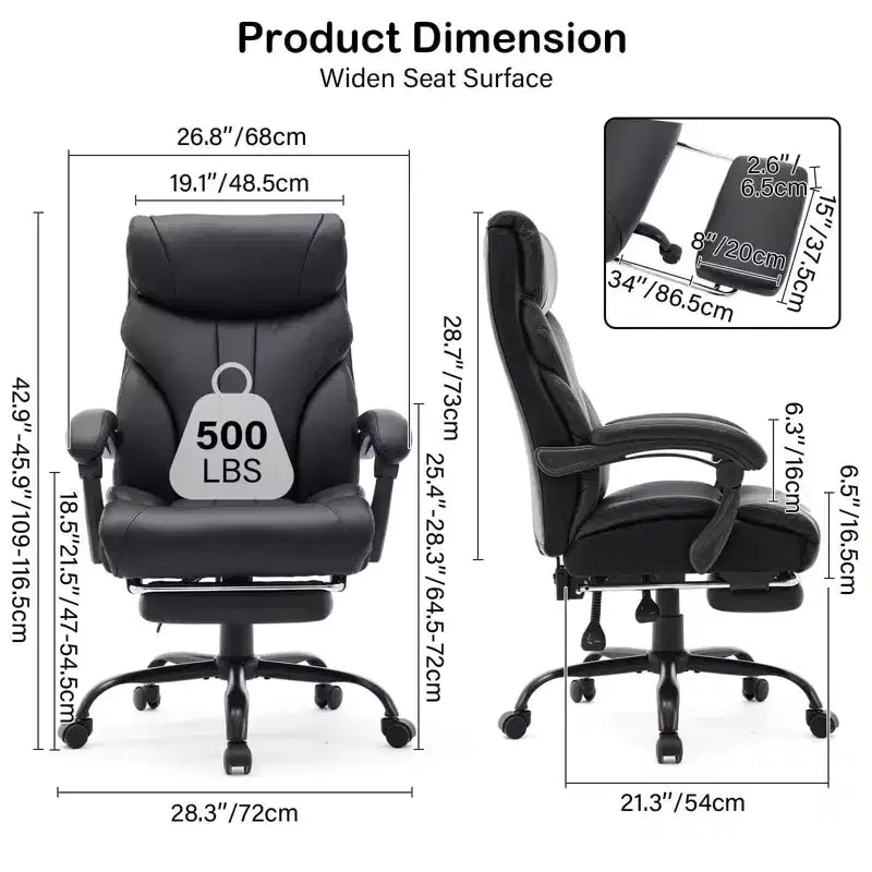 Fauteuil de bureau de direction à dossier haut - Capacité de 227 kg Fauteuil pivotant ergonomique en cuir PU avec hauteur réglable, support lombaire et accoudoirs relevables