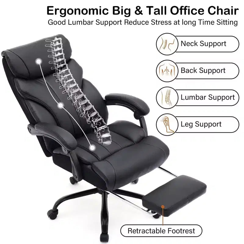 Fauteuil de bureau de direction à dossier haut - Capacité de 227 kg Fauteuil pivotant ergonomique en cuir PU avec hauteur réglable, support lombaire et accoudoirs relevables